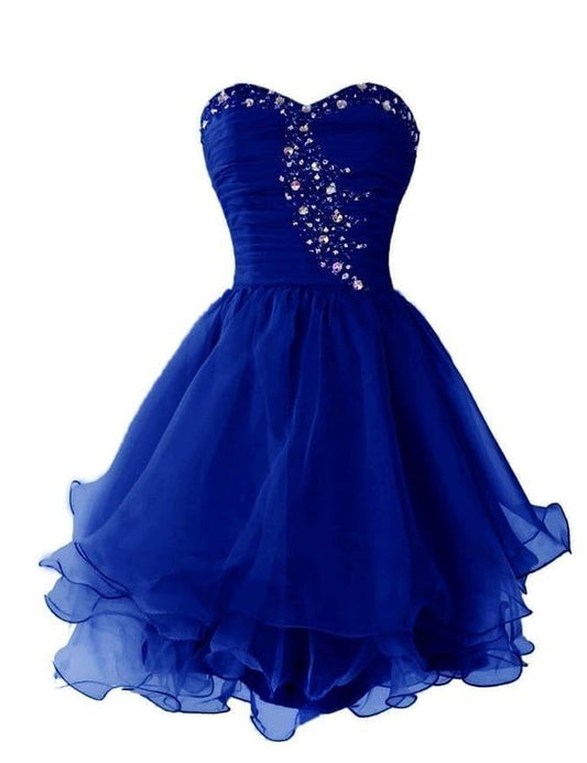 Königsblaues kurzes Kleid mit Perlen und Herzausschnitt und Rüschen, Heimkehrkleid, cg23284