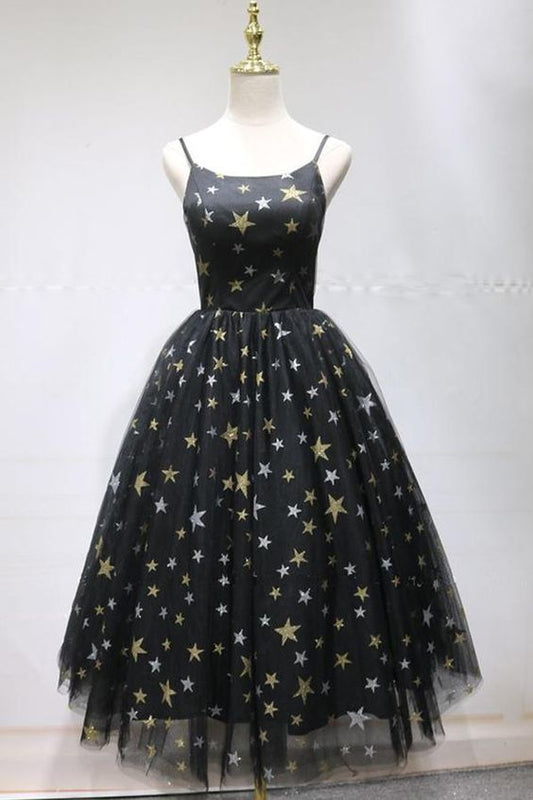 Unique Schwarzes, sternbedrucktes Tüllkleid mit offenem Rücken, kurzes Cocktailkleid für den Heimkehrer, cg23293
