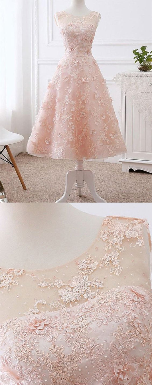 Elegantes A-Linien-Abendkleid mit U-Ausschnitt und bodenlanger Spitze in Rosa, kurzes Homecoming-Kleid cg23294