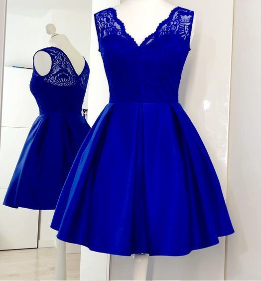 Charming Royal Blue Cute homecoming Dress Lace Satin Short Homecoming classygown