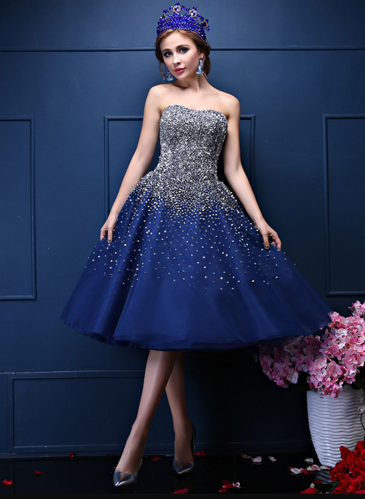 Marineblaue Pailletten Sweetheart Tüll Knielange Partykleider, Blaue Homecoming Kleider cg23371