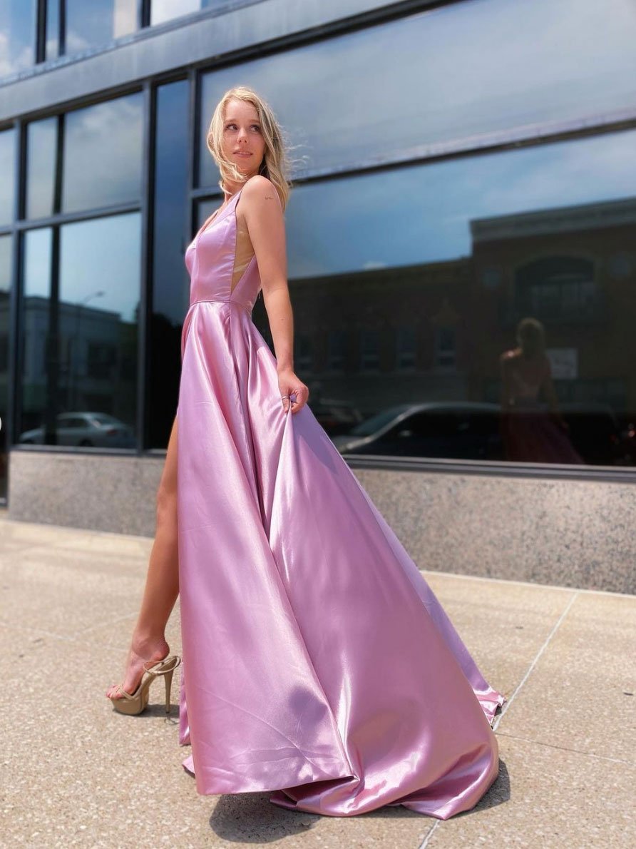 Schlichtes langes Ballkleid aus rosa Satin, langes Brautjungfernkleid aus rosa cg23373
