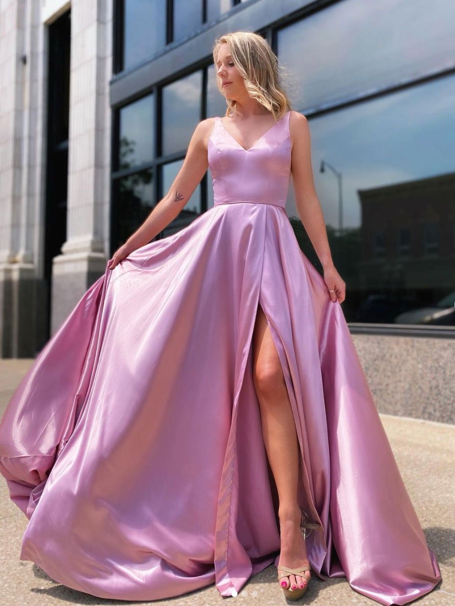 Schlichtes langes Ballkleid aus rosa Satin, langes Brautjungfernkleid aus rosa cg23373
