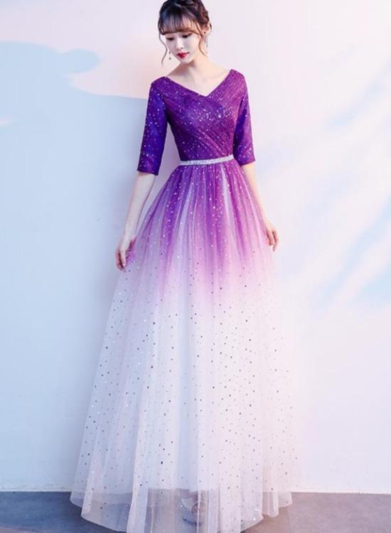 Gradient Purple And White V-Neckline Short Sleeves Party Dresses prom classygown Gradient Purple And White V-Neckline Short Sleeves Party Dresses prom classygown