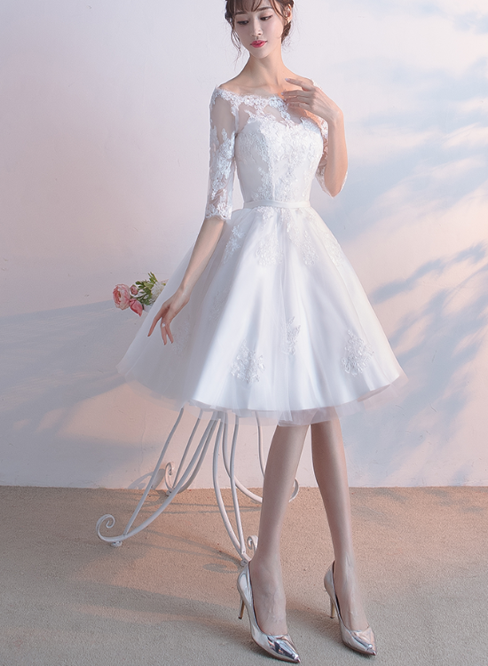 White Lace Short Sleeves Homecoming Dress Party Dress cg23425
