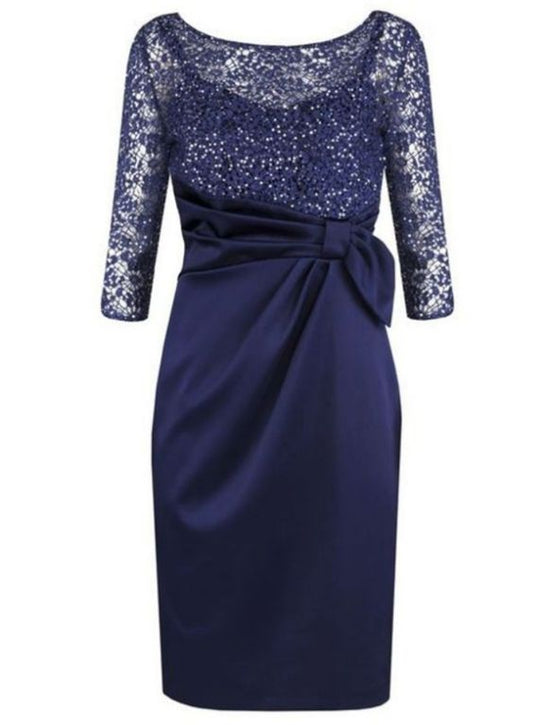 Kurzes Etuikleid mit Reißverschluss, Bateau-Ausschnitt, Perlenbesetztes Homecoming-Kleid, Kurzes/Mini-Satin-Homecoming-Kleid mit 3/4-Ärmeln cg23431