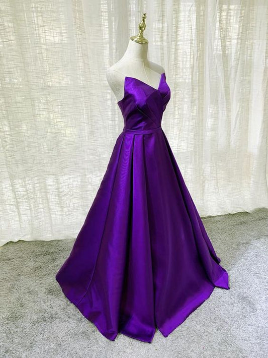 Lila Satin A-Linie Einfaches bodenlanges Abendkleid Formelle Kleidung, Dunkelviolette Ballkleider cg23443