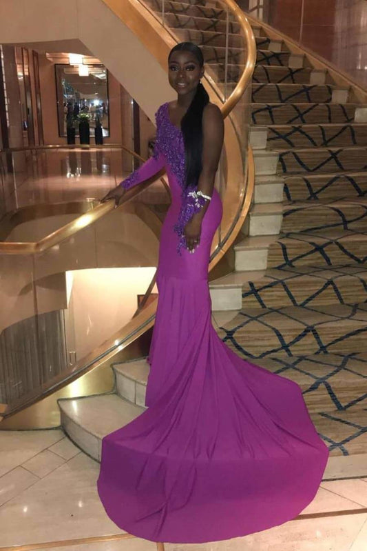 Langes Abendkleid im Meerjungfrau-Stil mit einer Schulter und Spitzenapplikationen und Schleppe cg23449
