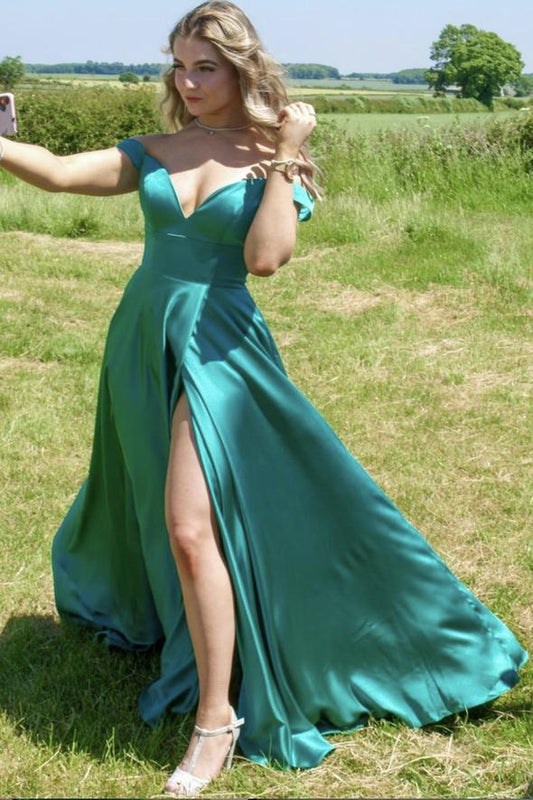 Grünes langes A-Linien-Ballkleid aus Satin, schlichtes Abendkleid, cg23451