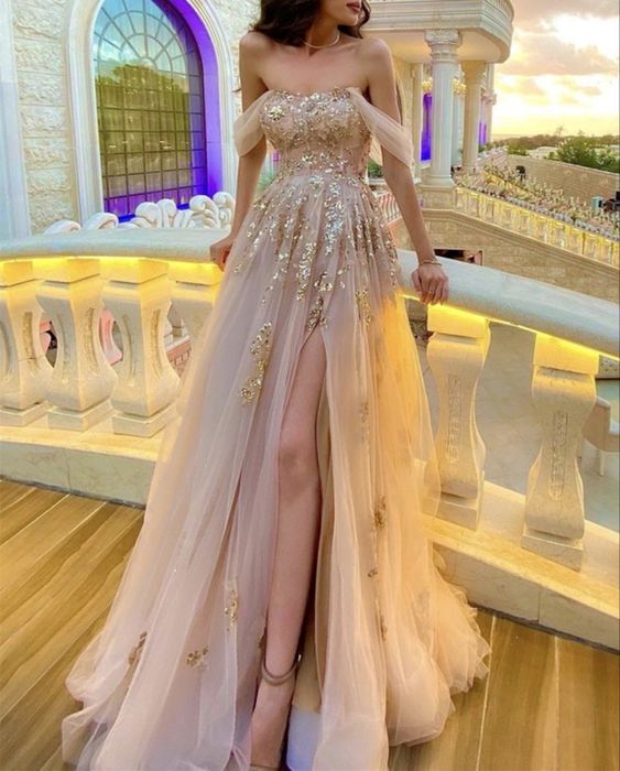 Elegant Champagne tulle corset prom dresses off the shoulder with sequ classygown Elegant Champagne tulle corset prom dresses off the shoulder with sequ classygown