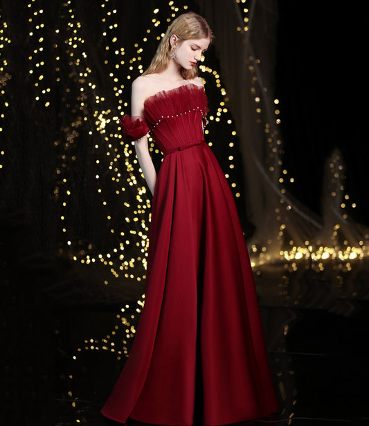 BURGUNDERROT SATIN LANGES A-LINIEN-BALLKLEID ABENDKLEID cg23457