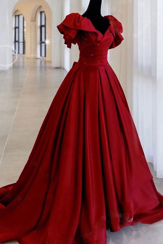Rotes langes herzförmiges Ballkleid mit Rüschenärmeln in Übergröße für Damen, Abendkleid, cg23458