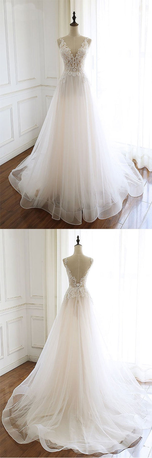 Weißes langes Ballkleid aus Tüll mit V-Ausschnitt, weißes Abendkleid aus Tüll, cg23459
