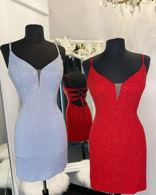 elegantes, figurbetontes, rotes, kurzes Homecoming-Kleid mit Strasssteinen cg23466