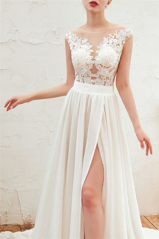 Weißes Brautkleid mit Illusionsausschnitt, Spitzenoberteil und Schlitz, Ballkleid cg23467