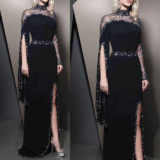 Schwarzes Abendkleid, Perlenbesetztes Abendkleid, Abendkleid mit hohem Halsausschnitt, Ballkleid mit langen Ärmeln cg23474