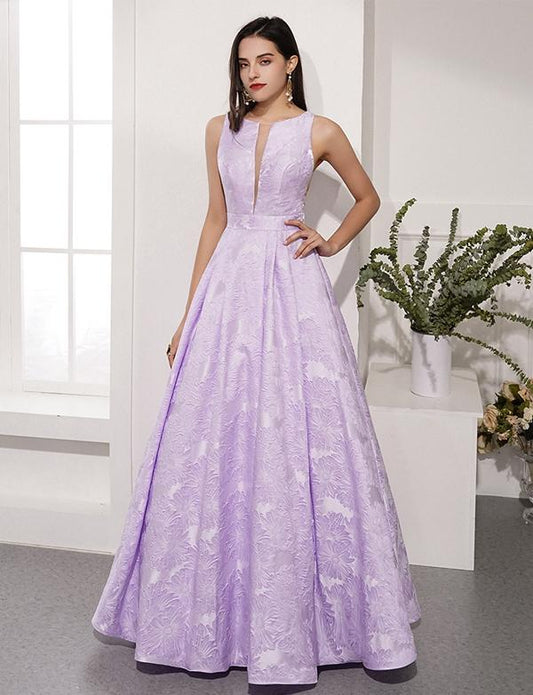Hellviolette lange Ballkleider Rundhals Abendkleider Applikationen cg2349