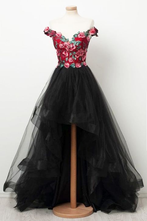 Off-Shoulder-Abendkleid, rot sticken High Low Homecoming Kleid cg235