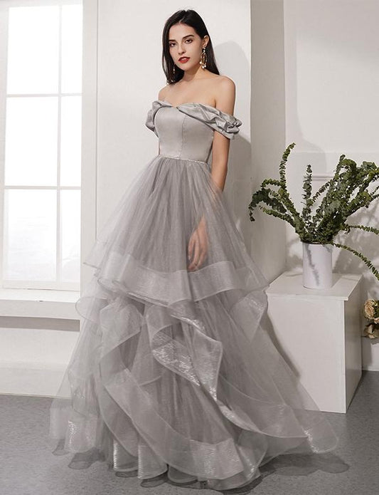 Prinzessin Grau Lange Ballkleider Schulterfrei Abend Party Kleider cg2351