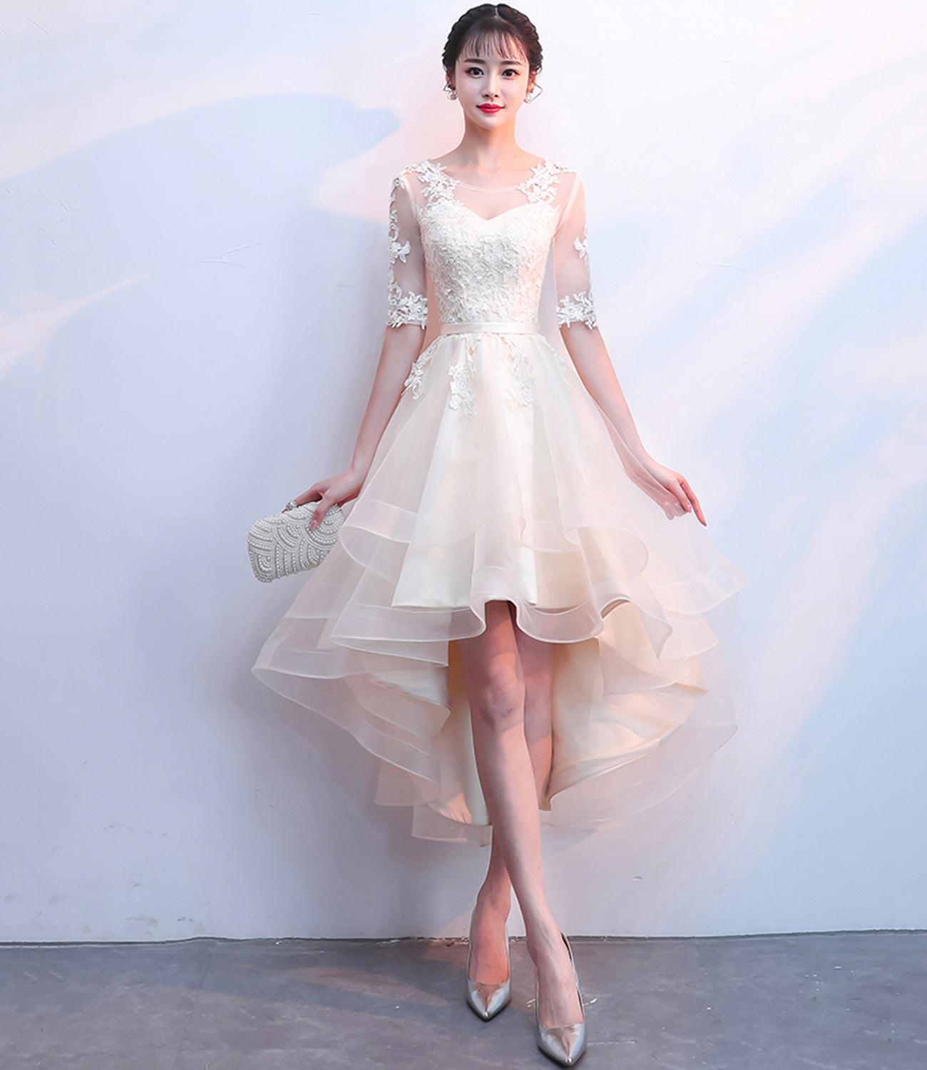 CHAMPAGNE LACE HIGH LOW HOMECOMING DRESS cg23510