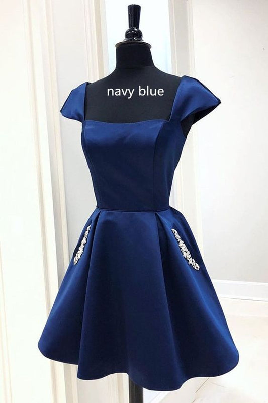 Marineblaues, kurzes A-Linien-Heimkehrkleid aus Satin mit Flügelärmeln und Perlentaschen, cg23512