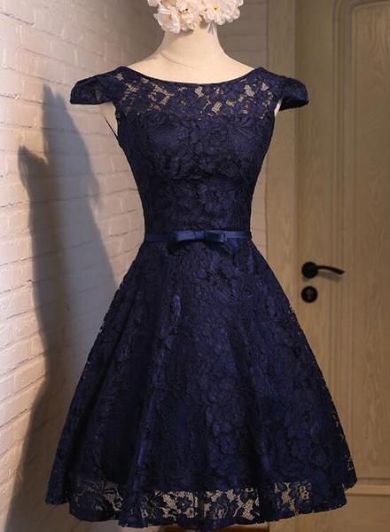 Wunderschönes, marineblaues, kurzes Partykleid aus Spitze, Homecoming-Kleid aus Spitze cg23517