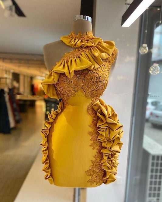 Eine Schulter Rüschen Kurzes Heimkehrkleid Vestidos de Cocktail Echt Bilder Knielangen Afrikanische Mädchen Party Kleider cg23520