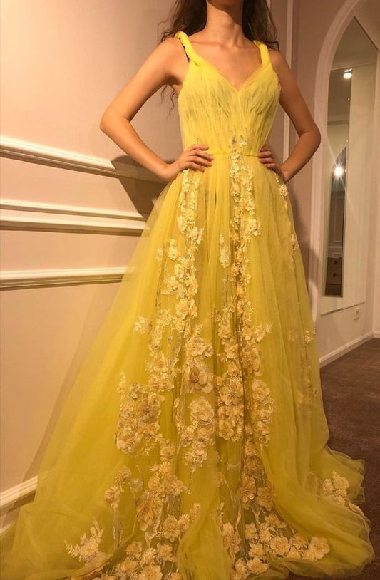 langes Ballkleid aus gelbem Tüll, gelbes Abendkleid cg23528