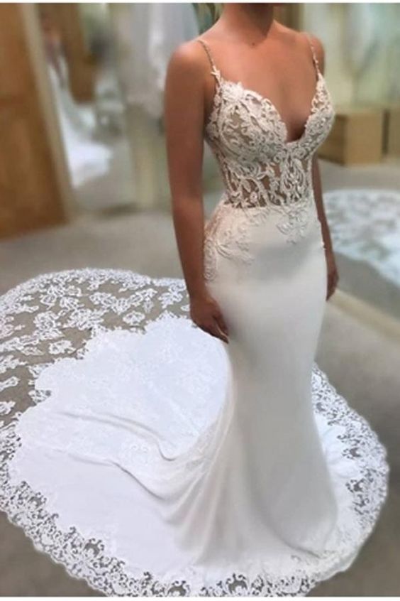 Glamorous Spaghetti-Straps Lace Wedding Dress Mermaid Bridal Gowns prom dress cg23540