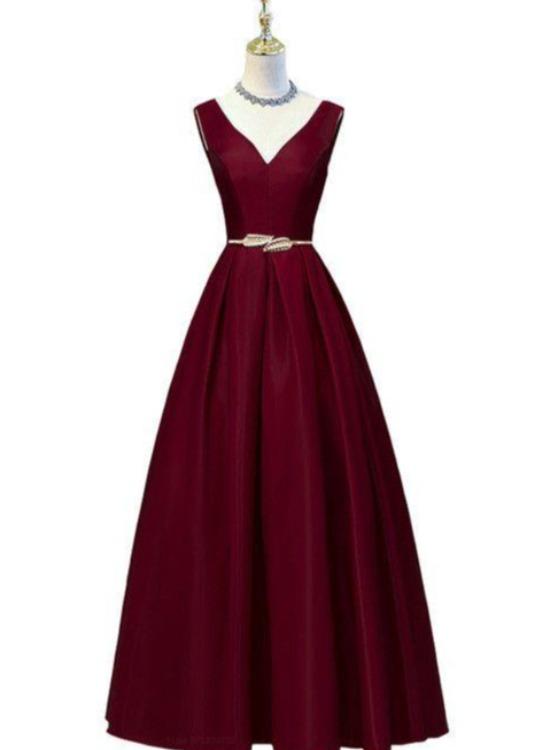 A-Line V-Neckline Satin Simple Party Dress With Belt, Long Evening Dresses Formal Dresses Prom Dress cg23554