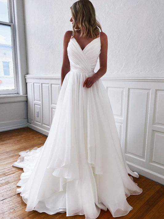 Weißes langes Ballkleid aus Tüll mit V-Ausschnitt, weißes Abendkleid cg23557
