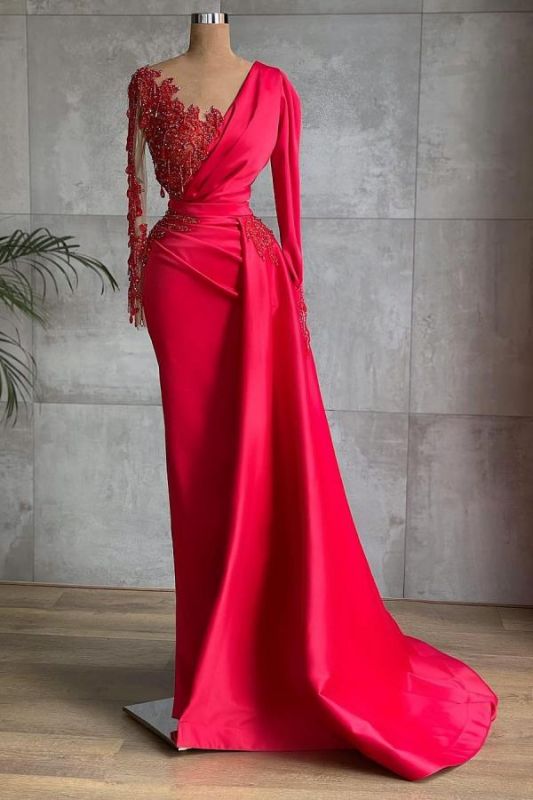 Schickes Satin-Ballkleid mit langen Ärmeln und Spitzenapplikationen in Rubinrot mit Rüschen im Meerjungfrau-Stil, cg23570