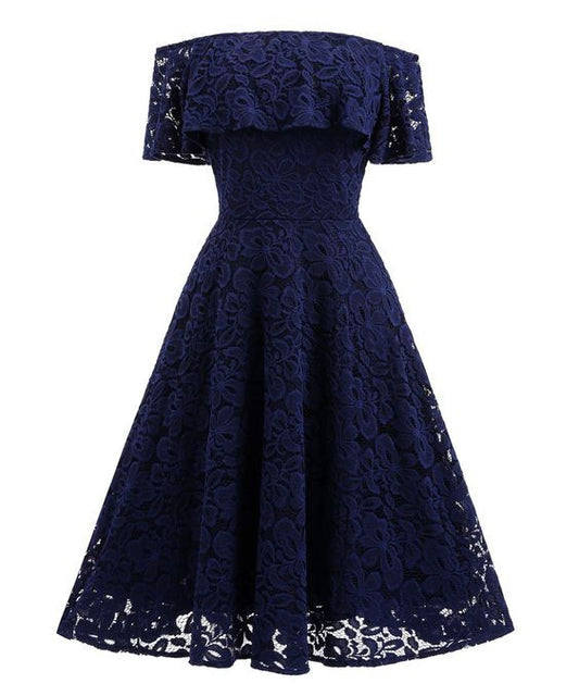 Marineblaues kurzes, weiches Spitzen-Ballkleid schulterfrei Damen Partykleider cg23573