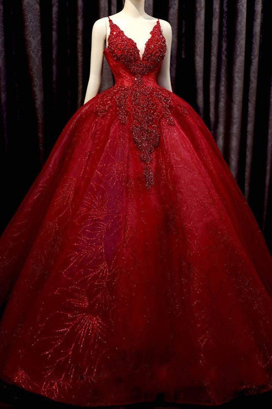 Tiefrotes Ballkleid-Brautkleid mit V-Ausschnitt, dünnen Trägern und funkelnden Perlen, Schleife auf der Rückseite, Schleppe und Glitzertüll, Ballkleid cg23574