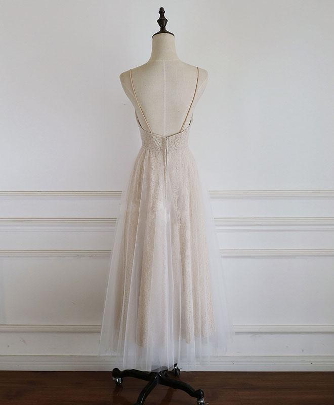 Light Champagne Lace Straps Sweetheart Party Dress Formal Dress, Tea Length Wedding Party Dress prom dress, evening dress cg23601