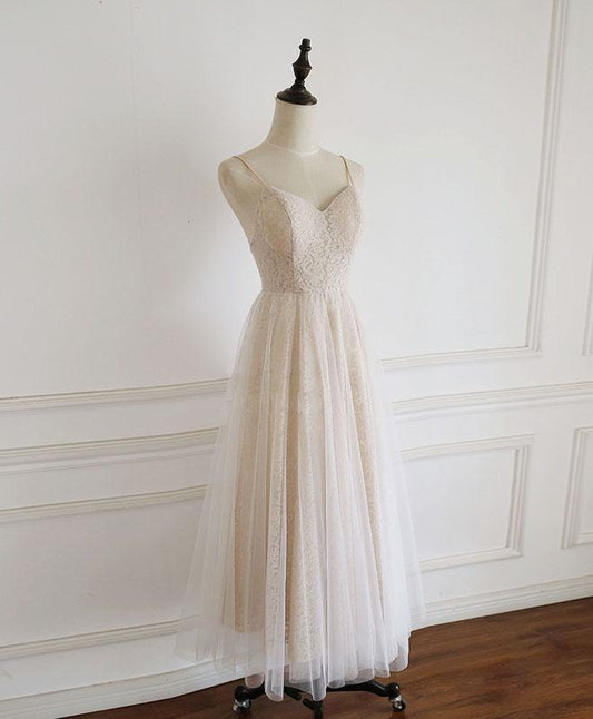 Leichte Champagner Spitzenträger Sweetheart Partykleid Formales Kleid, Teelanges Hochzeitspartykleid, Abschlussballkleid, Abendkleid cg23601