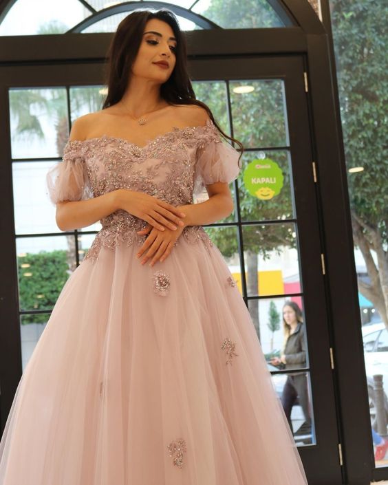 Glamorous A Line Off the Shoulder Pink Long Prom/Evening Dress cg23612