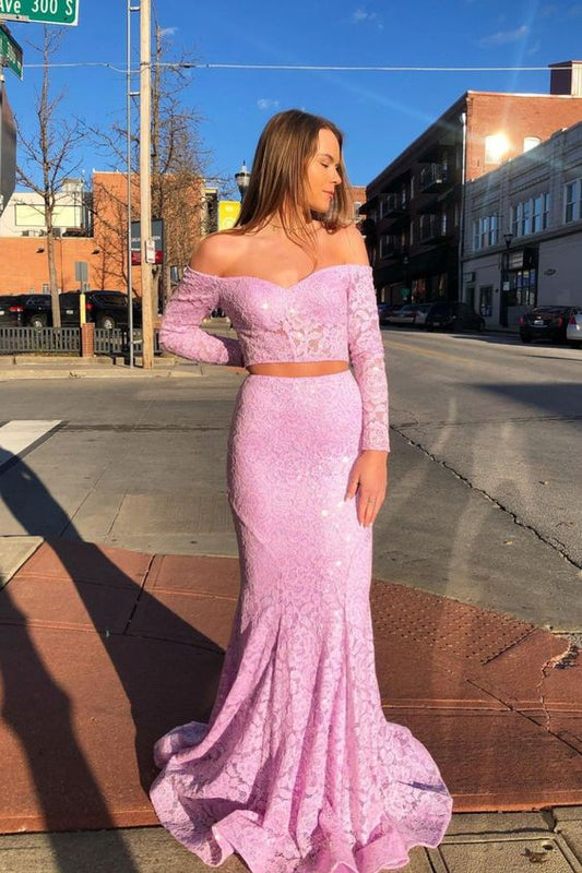 elegantes rosa schulterfreies langes Ballkleid aus Spitze mit langen Ärmeln cg23619