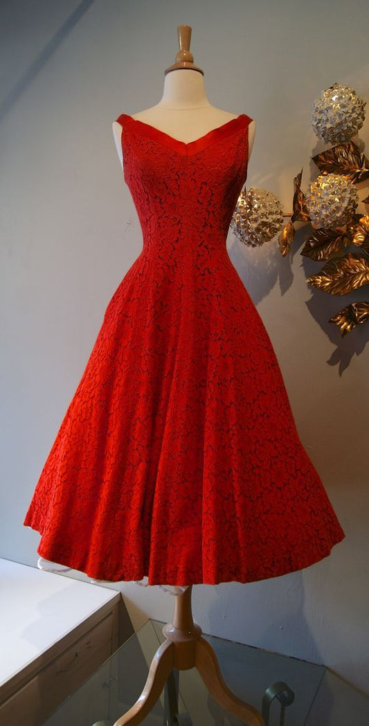 Rotes Ballkleid, Spitzen-Ballkleid, A-Linien-Ballkleid, cg2363