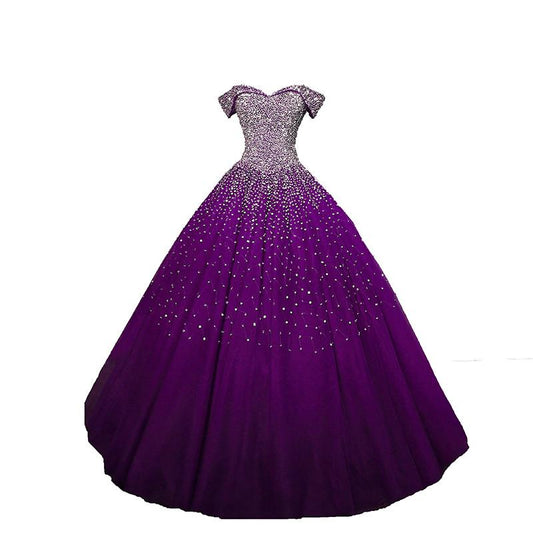 Lila Pailletten Off Shoulder Ballkleid Sweet 16 Kleid, Lace-Up Tüll Lila Formale prom Kleider cg23652