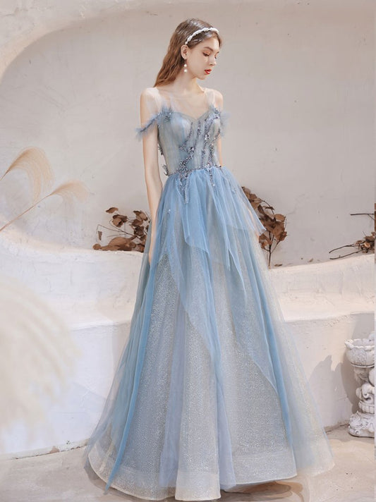 BLAUES, SCHULTERFREIES, LANGES BALLKLEID AUS TÜLL, BLAUES ABENDKLEID AUS TÜLL cg23655