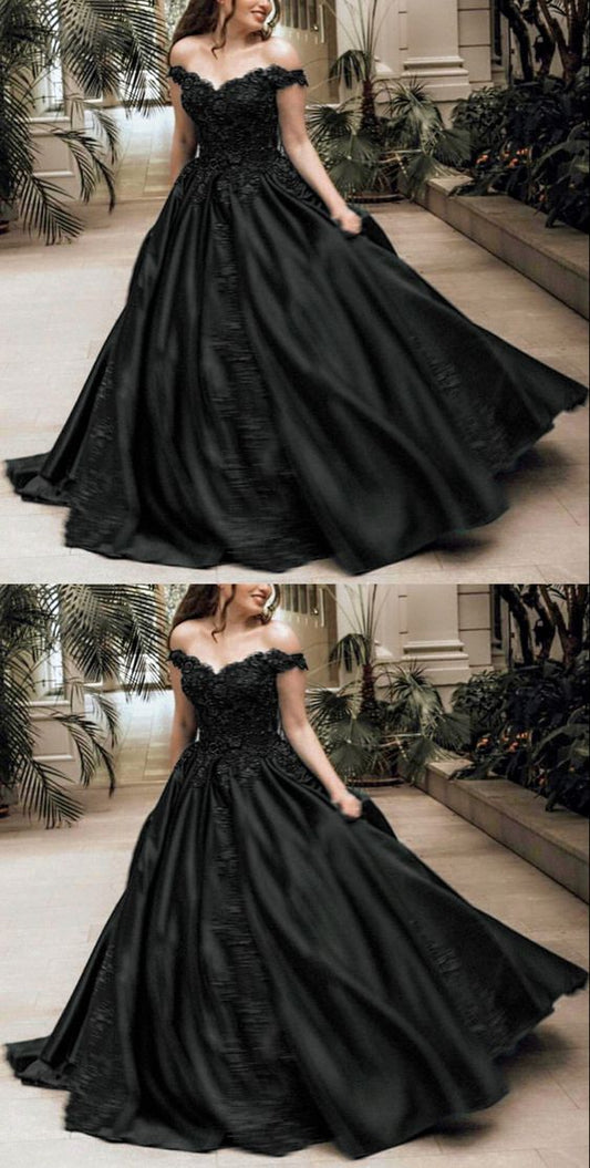 Elegantes schwarzes Satin-Ballkleid mit Spitze und Perlen, schulterfrei, cg23656
