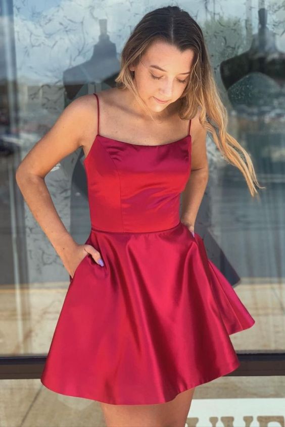 red A-line short homecoming dress with pockets cg23671