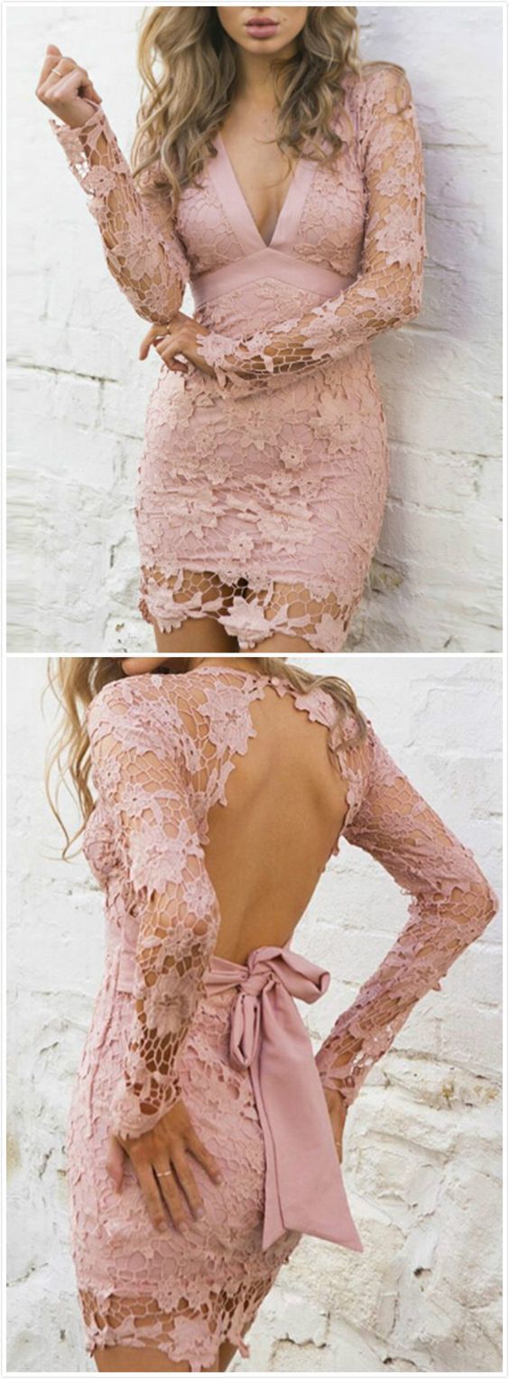 Damen V-Ausschnitt Rückenfrei Ausgehöhlt Häkel Bodycon Kleid mit Gürtel Homecoming Kleid cg237