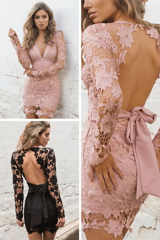 Damen V-Ausschnitt Rückenfrei Ausgehöhlt Häkel Bodycon Kleid mit Gürtel Homecoming Kleid cg237