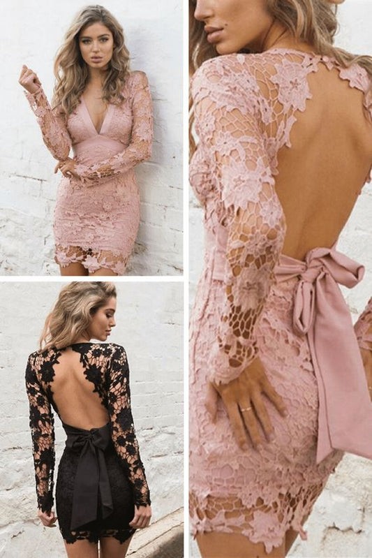 Damen V-Ausschnitt Rückenfrei Ausgehöhlt Häkel Bodycon Kleid mit Gürtel Homecoming Kleid cg237