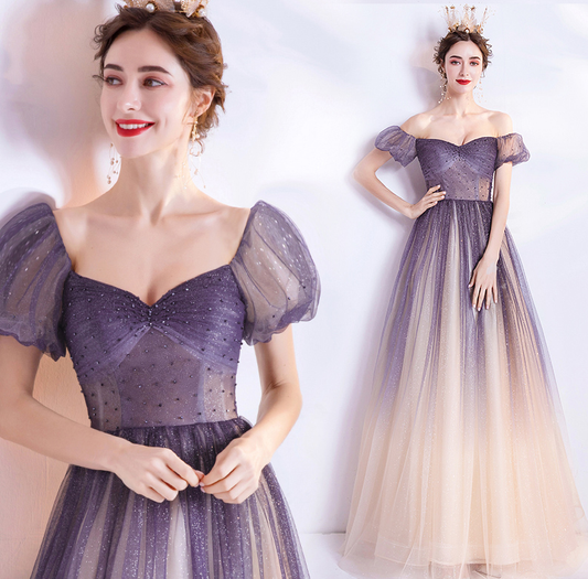 Lila Tüll Langes A-Linien-Ballkleid Abendkleid cg23703