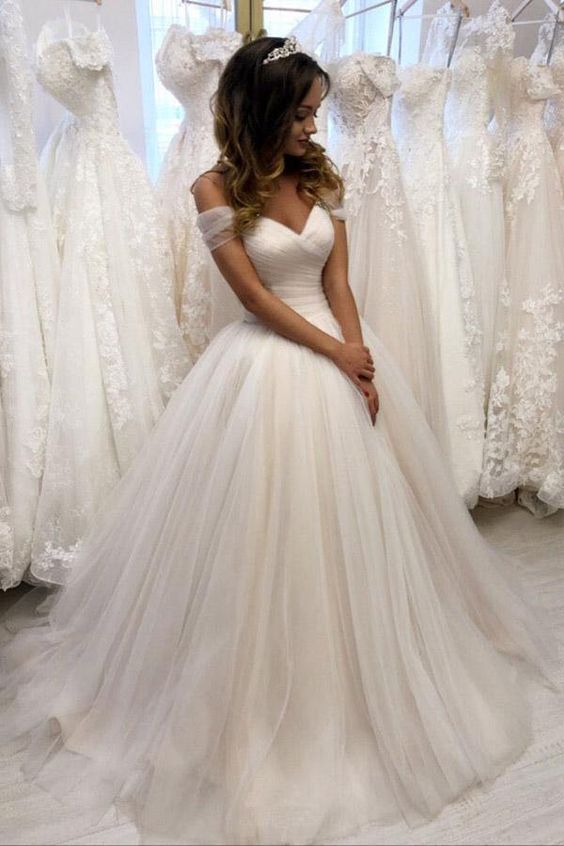 Off The Shoulder Tulle Sweetheart White Wedding Prom Dresses Bridal Gown cg23704