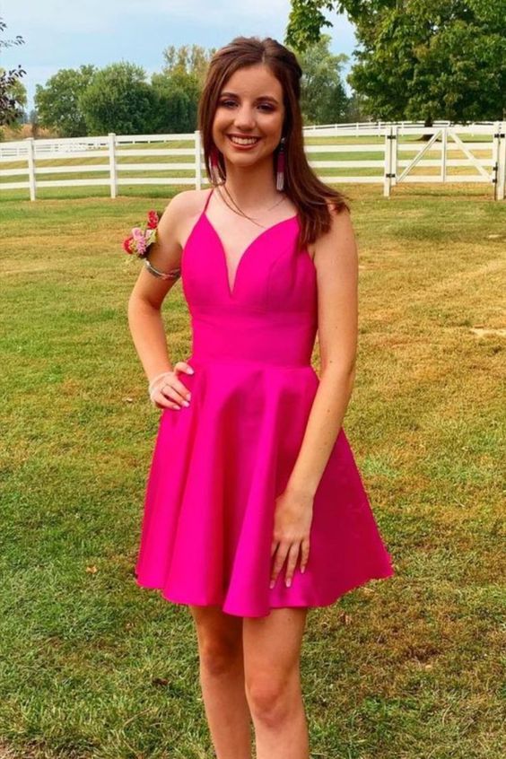 short hot pink A-line homecoming dress with spaghetti straps cg23705
