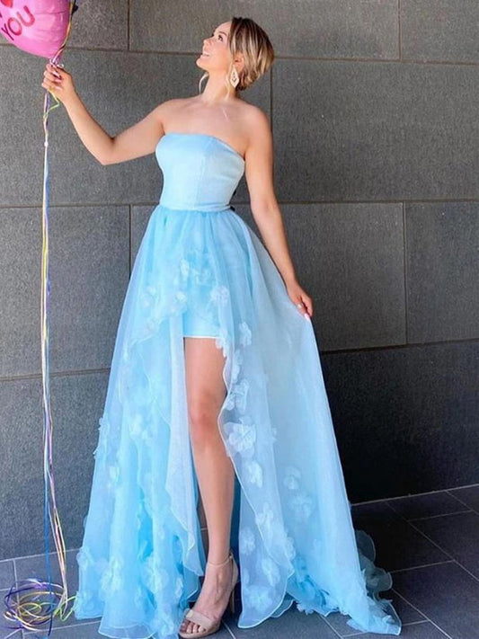 High Low Trägerloses Hellblaues Langes Ballkleid mit Blumenmuster und Schlitz cg23714